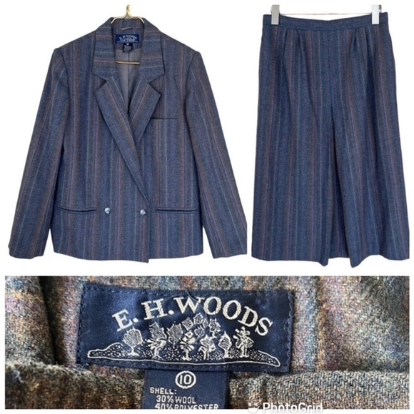 Vintage Dresses & Skirts - E.H. Woods Vintage Wool Blend Striped Blazer & Midi Skirt Suit Set Size 10